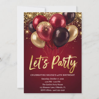 Burgunder-Gold-Balloons Glitter 40. Geburtstagsfei Einladung