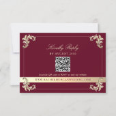 Burgunder Gold Barock QR Code Hochzeit RSVP Karte (Vorderseite)