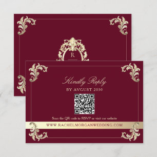 Burgunder Gold Barock QR Code Hochzeit RSVP Karte
