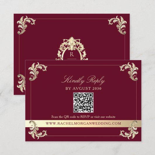 Burgunder Gold Barock QR Code Hochzeit RSVP Karte (Vorne/Hinten)