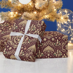 Burgunder-Gold-Barock-Weihnachtsornament-Muster Geschenkpapier