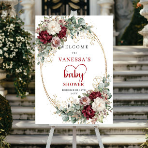 Burgunder-Gold-Blumen-Baby-Shower-Willkommensschil Poster