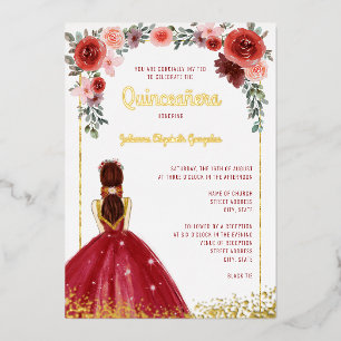 Burgunder-Gold-Blumen-Ballkleid 15. Quinceanera Folieneinladung