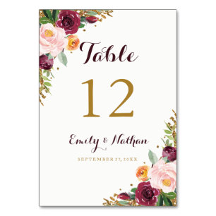 Burgunder Gold Blumen Glitter Tischnummernkarten Tischnummer