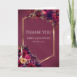 Burgunder-Gold-Blumen-Hochzeitskarte gefaltet Dankeskarte