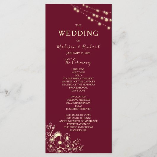 Burgunder-Gold-Blumen-Hochzeitsprogrammkarte Programm (Vorderseite)
