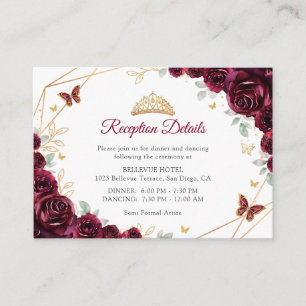 Burgunder-Gold-Blumen-Quinceanera-Empfangsdetails Begleitkarte