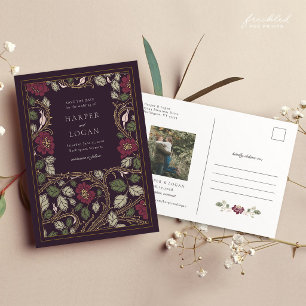 Burgunder-Gold-Blumen-Save-the-Date-Postkarte Postkarte