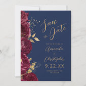 Burgunder-Gold-Blumen-Script-Navy-Save-the-Date Ankündigung (Vorderseite)