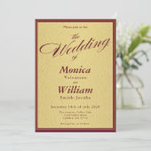 Burgunder-Gold-elegante-Script-Hochzeit Einladung (Stehend Vorderseite)