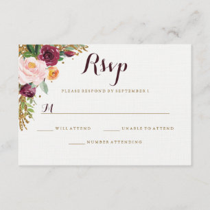 Burgunder Gold Floral Glitter Hochzeit RSVP Karte