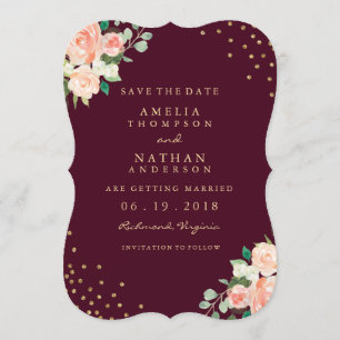 Burgunder Gold Floral Konfetti Save The Date