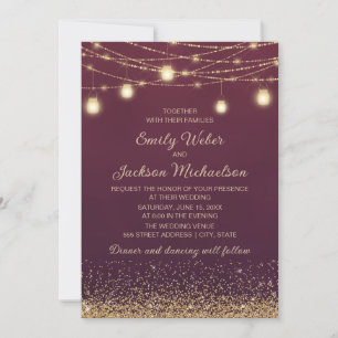 Burgunder-Gold-Glitter-Lichterkette Hochzeit Einladung