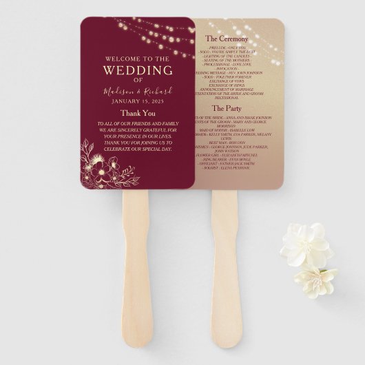 Burgunder-Gold-Hochzeitsprogramm-Fächer Fächer (Vorne und Hinten)