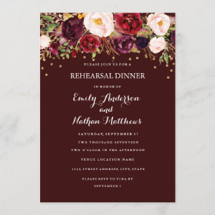 Burgunder Gold Konfetti Floral Probedinner Einladung