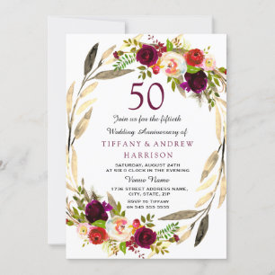 Burgunder-Gold-Kranz 50. Hochzeitstag Einladung