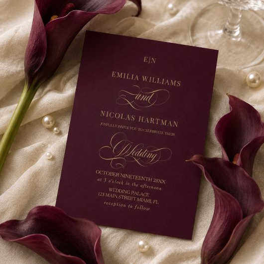 Burgunder Gold Monogramm Hochzeit Einladung