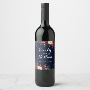 Burgunder Gold Navy Floral Herbst Hochzeit Wein Et Weinetikett