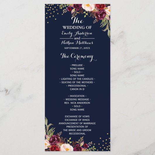 Burgunder-Gold-Navy-Konfetti-Blumen-Hochzeitsprogr Programm (Vorderseite)
