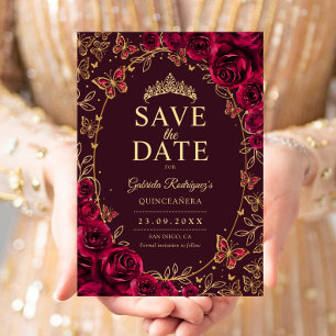 Burgunder Gold Quinceanera Blumenwerk Save The Date