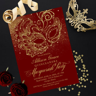 Burgunder-Gold-Quinceanera-Maskenball-Einladung