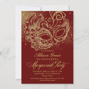Burgunder-Gold-Quinceanera-Masquerade-Einladung Einladung