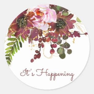 Burgunder-Gold-Rosé-Blumen-Hochzeitseinladung Runder Aufkleber