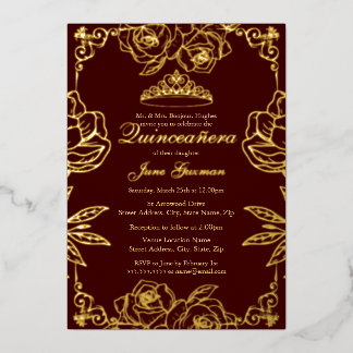 Burgunder-Gold-Rosengarten-Quinceanera Folieneinladung