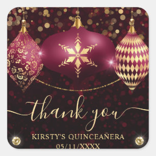 Burgunder-Gold-Weihnachtsbaumkugeln Quinceanera Quadratischer Aufkleber