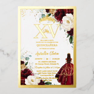 Burgunder Gold Weiße Florale Quinceañera Quince 15 Folieneinladung