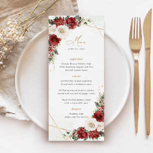 Burgunder-Gold-Winter-Blumen-Hochzeitsempfang Menükarte