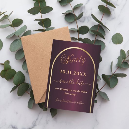 Burgunder Goldbogen 90. Geburtstag Save The Date