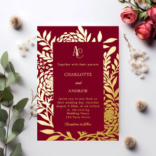 Burgunder-goldene botanische Monogramm-Luxus-Hochz Folieneinladung