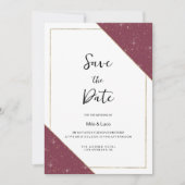 Burgunder goldener funkelnder Glitzer Save the Dat Einladung (Vorderseite)