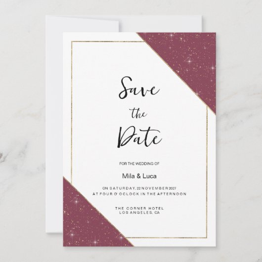 Burgunder goldener funkelnder Glitzer Save the Dat Einladung (Vorderseite)