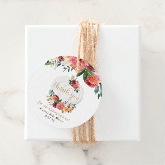 Burgunder Goldfall Blumenkürbis Babydusche Geschenkanhänger (Beispiel)