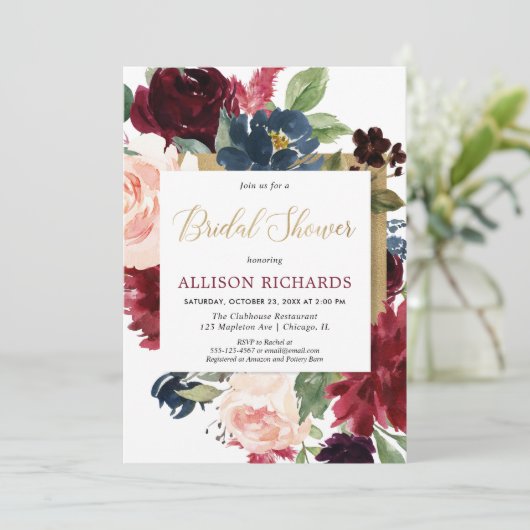 Burgunder Goldfall Brautparty Einladung (Stehend Vorderseite)