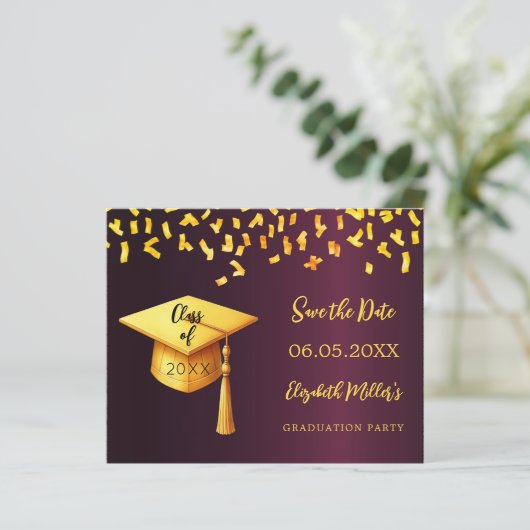 Burgunder Goldgraduiertenpartei Save the Date Kart (Stehend Vorderseite)