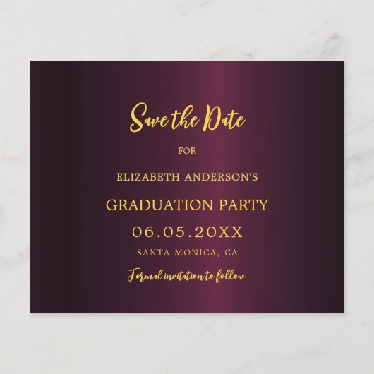 Burgunder Goldgraduiertenpartei Save the Date Kart (Rückseite)