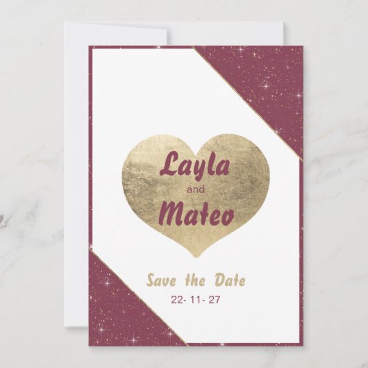 Burgunder Goldherz funkelnder Glitzer Save the Dat Einladung (Vorderseite)