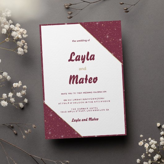 Burgunder Goldherz Glitzer Hochzeit Einladung