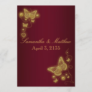 Burgunder-Goldhochzeits-Schmetterlingsthema Einladung