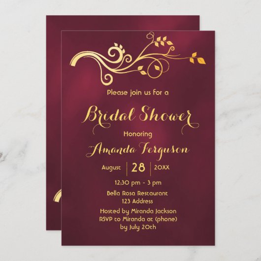 Burgunder Goldklassiker Brautparty Einladung (Vorne/Hinten)