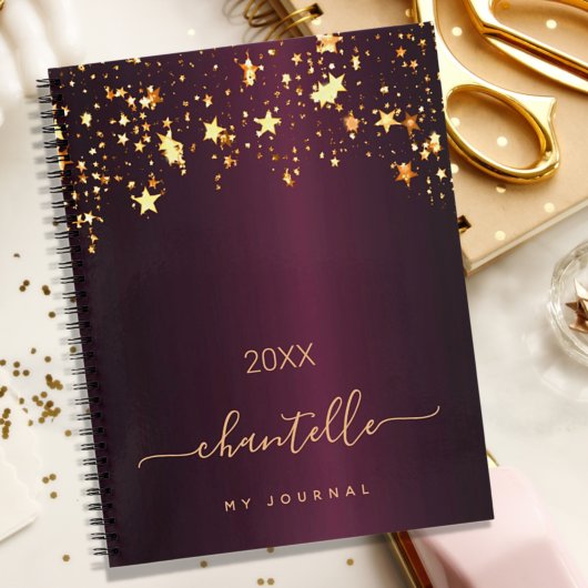 Burgunder Goldsterne Monogramm Name Moderner Chic Notizblock
