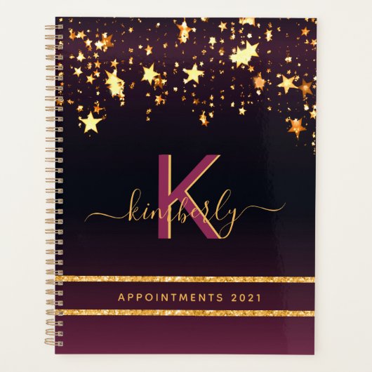 Burgunder Goldsterne Schwarzer Glitzer Monogramm 2 Planer (Vorderseite)