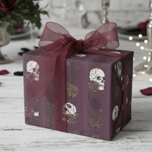 Burgunder-Gotischer-Totenkopf- und Rosenstreifen Geschenkpapier
