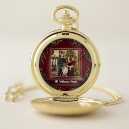 Burgunder-Grün-Familienfoto personalisierte Tasche Taschenuhr