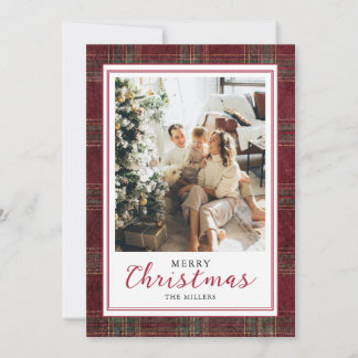 Burgunder-Grün-Tartan-Karo-Weihnachtsfamilie Feiertagskarte