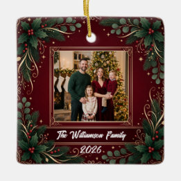 Burgunder-Grün-Weihnachtsfamilienfoto-Keramik Keramikornament