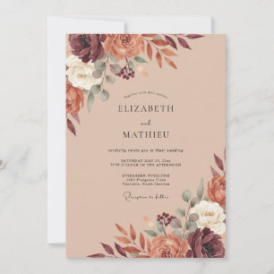 Burgunder-Herbst-Blumen-Hochzeit Einladung